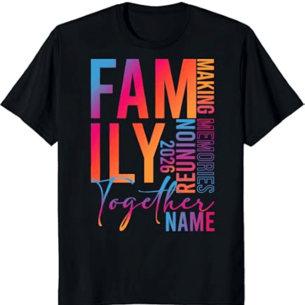 Black t-shirt printed with large lettering in blended pink, orange and blue gradients