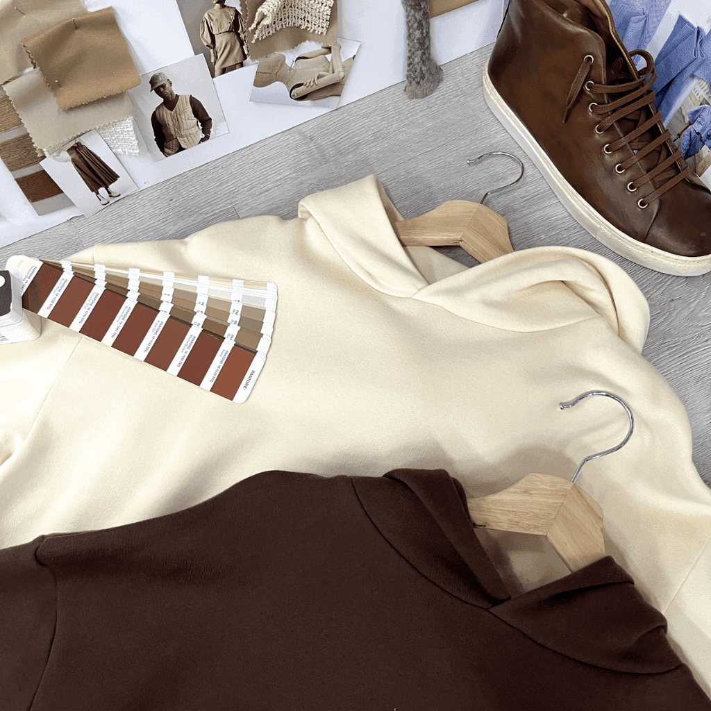 Cream and brown hoodies laid flat beside color swatches, shoes and accessories
