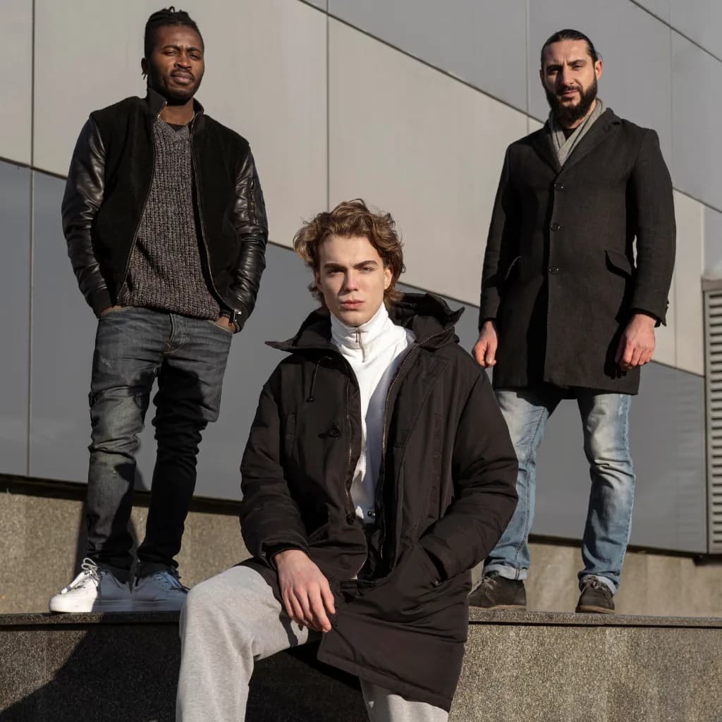 Three men in an urban setting wearing a leather-sleeved jacket, a black parka and a dark wool coat