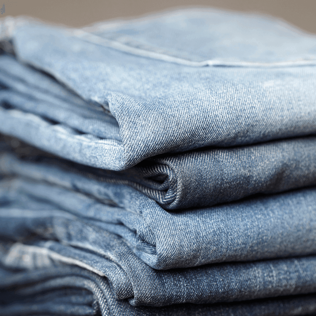 Stack of folded jeans in several shades of blue denim