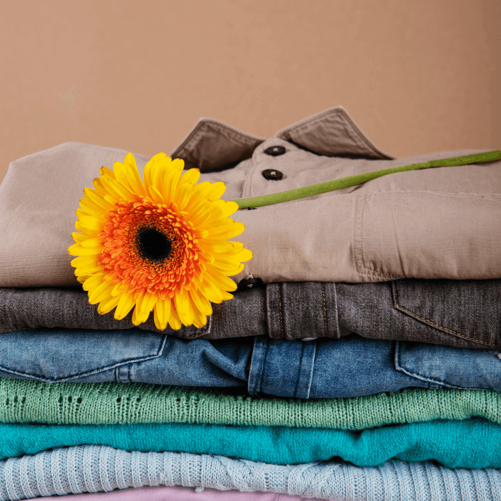 Stack of folded clothes in khaki, denim blue and teal with a yellow gerbera flower on top