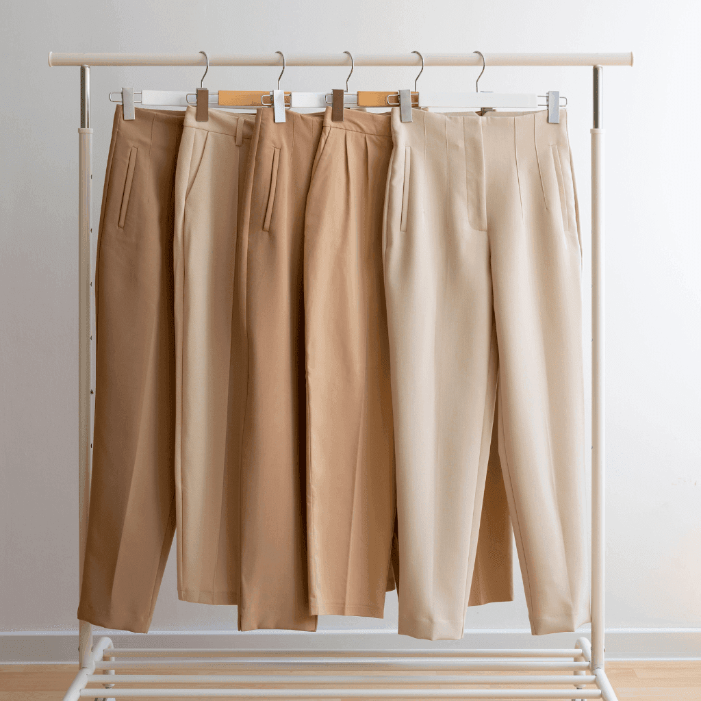Beige and tan chino trousers hanging on a clothes rail against a white wall