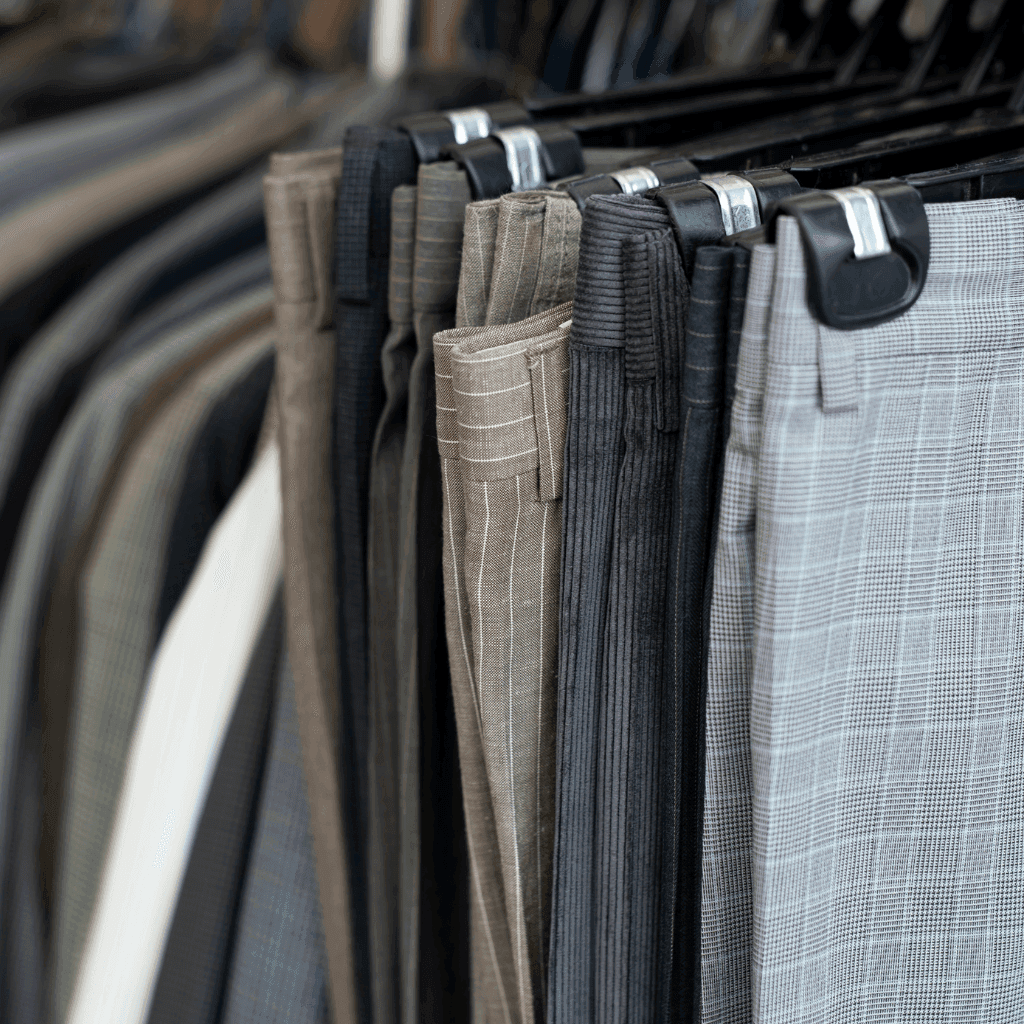 Rail of tailored trousers in grey, black and check fabrics hanging in a showroom