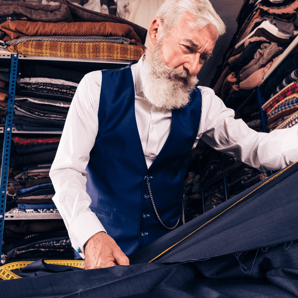 Tailor with a white beard in a waistcoat cutting navy fabric on a table in front of shelves of cloth