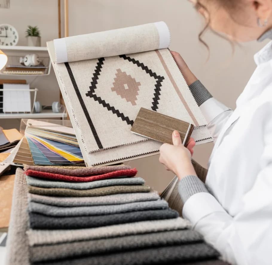Nevear fabric specialist examining textile swatches and pattern materials
