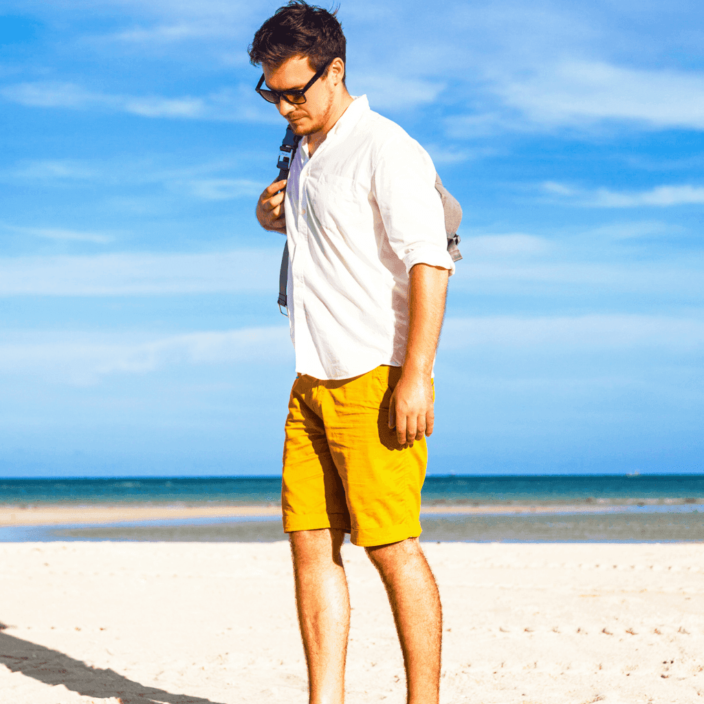 Man in sunglasses, a white shirt and yellow shorts walking on a beach under a blue sky