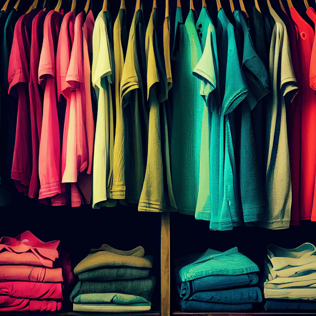 Rails of t-shirts in rainbow colors hanging above stacks of folded t-shirts