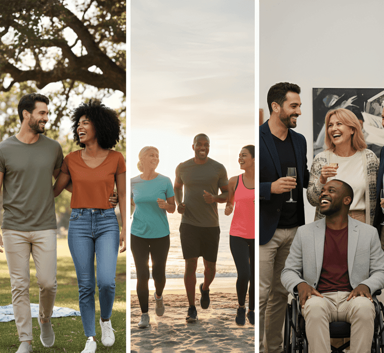 Collage of people of different ages wearing casual t-shirts outdoors and indoors
