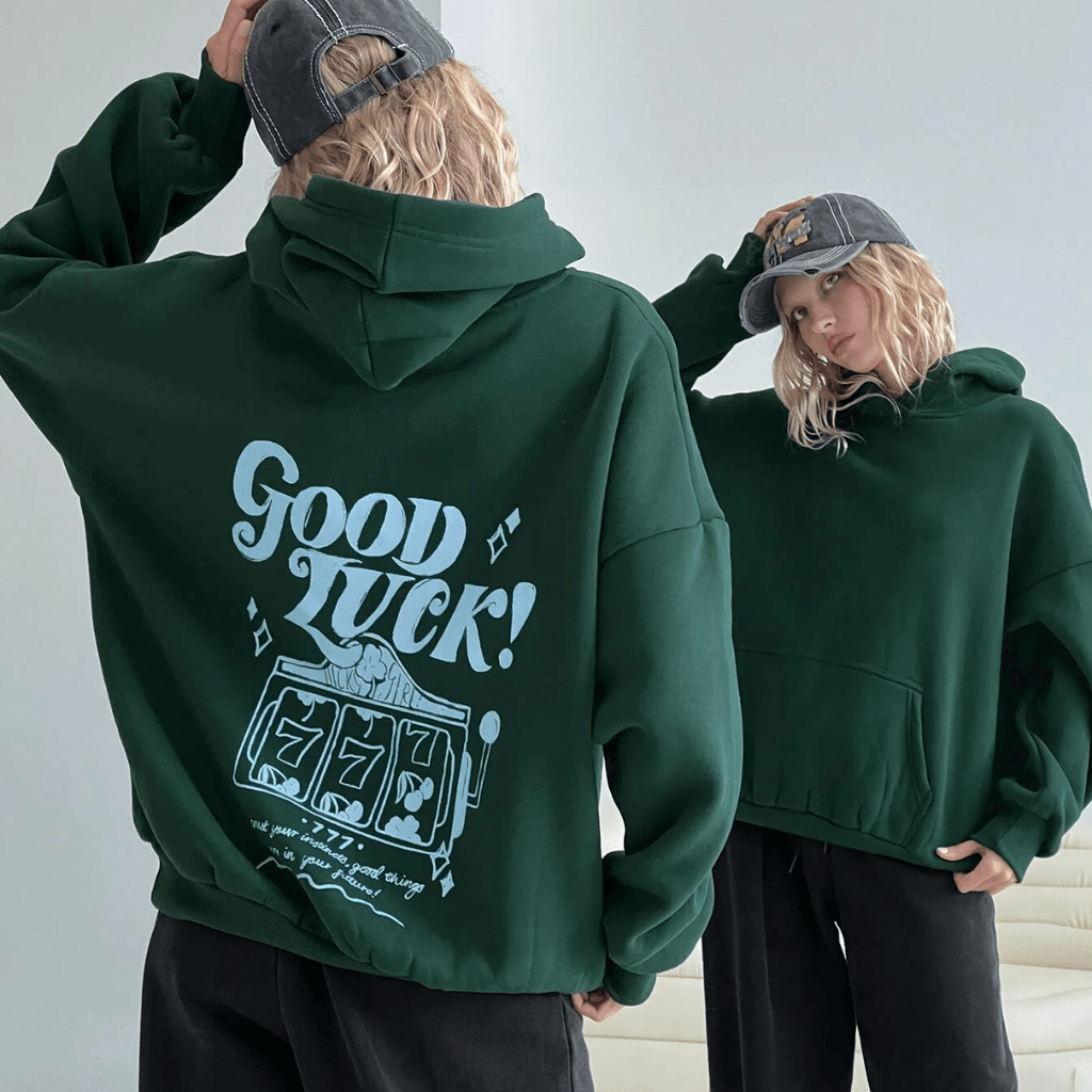 Person wearing Nevear eco-friendly custom hoodie